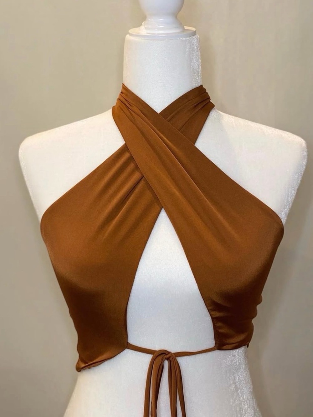 Cross-Front Brown Halter Tie Crop Top